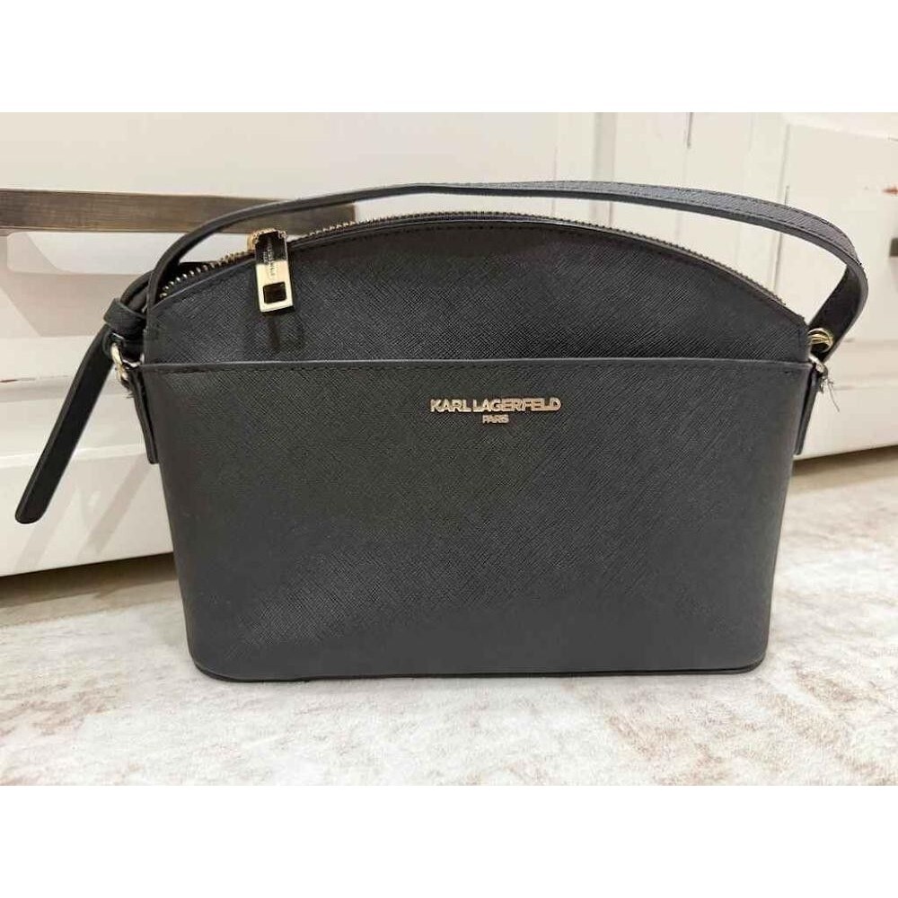 Karl Lagerfeld Paris Black Saffiano Dome Crossbody Bag Gold Hardware Slim Purse